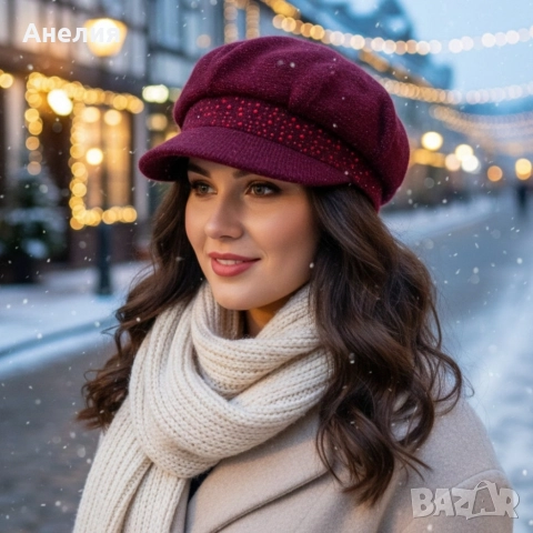 Дамска зимна претена шапка с козирка и декоративни камъчета, снимка 3 - Спортни екипи - 52664816