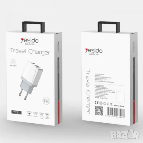Зарядно/Адаптер 220V / Yesido YC21 / 2xUSB QC 3.0 / + кабел MicroUSB / Бял / Баркод : 456380, снимка 2 - Резервни части за телефони - 47580398