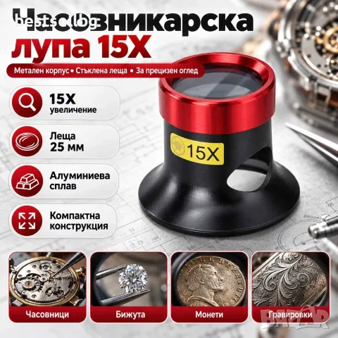 Часовникарска лупа 15X с метален корпус и стъклена леща