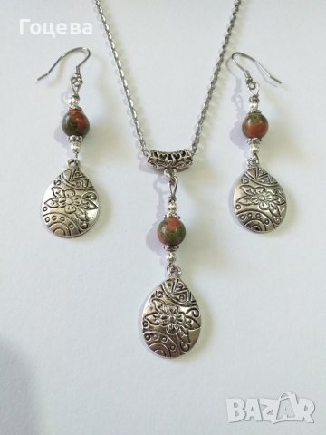 Новият ни Бохо комплект бижута с камъни Унакит и гравирани капки в цвят Сребро , снимка 5 - Бижутерийни комплекти - 36854277