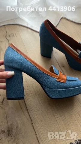 Дамски обувки на ток с деним и кафяви акценти, снимка 2 - Дамски обувки на ток - 50023627