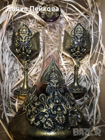 РЪЧНО ИЗРАБОТЕН СЕТ ОТ 3 ЧАСТИ ДЕКАНТЕР И  2 ЧАШИ, снимка 6 - Декорация за дома - 36221262