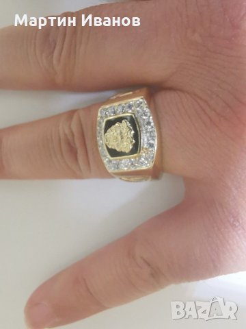 Златен мъжки пръстен с оникс и циркони , снимка 13 - Пръстени - 30831006