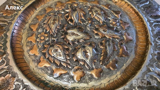 Турска медна кована чиния, пано за стена, 60те г–32см, снимка 4 - Антикварни и старинни предмети - 38351471