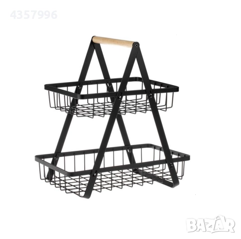 Метален рафт, Универсален, 2 нива, Дървена дръжка, Черен