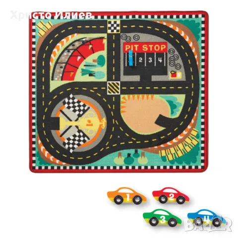 Комплект детски килим и дървени коли писта за състезания Melissa & Doug Детско килимче Състезателна