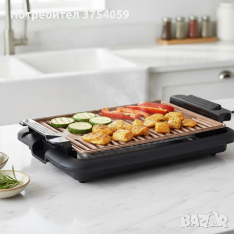 Бездимна скара Oliver Voltz OV51015N – 1200W, незалепваща плоча 37.8×25 см, термостат и тава за мазн, снимка 3 - Скари - 53077062