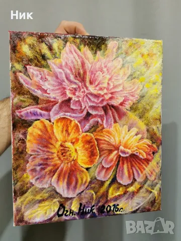 Картина върху платно с маслени бои " Божур " цветя, латинка, хризантема, слънчеви лъчи, живопис , снимка 6 - Картини - 49067456