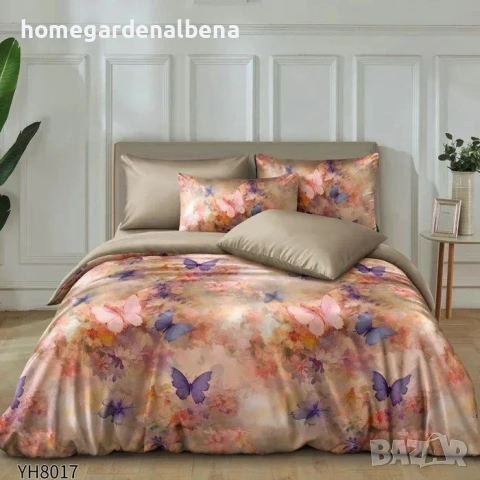 Луксозно спално бельо памучен сатен флорални десени 4 части двоен комплект с ластик