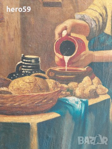 Маслена картина/Млекарката-Ян Вермеер,1658(старо копие)/, снимка 7 - Картини - 37879226