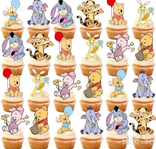 24 бр Мечо пух и приятели къси картонени топери топер за торта мъфини, снимка 4 - Други - 49294917