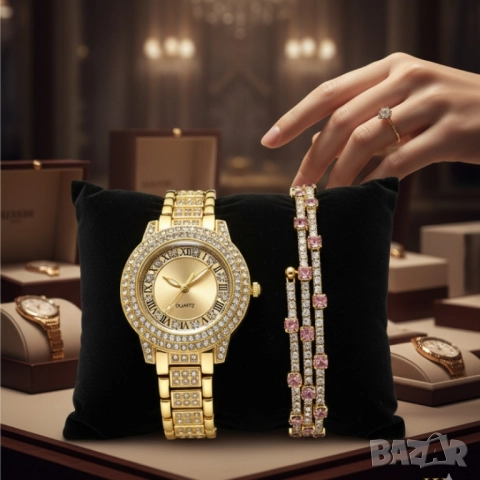 Бляскав дамски комплект часовник и гривна – съчетава елегантност и практичност, снимка 2 - Дамски - 51973498