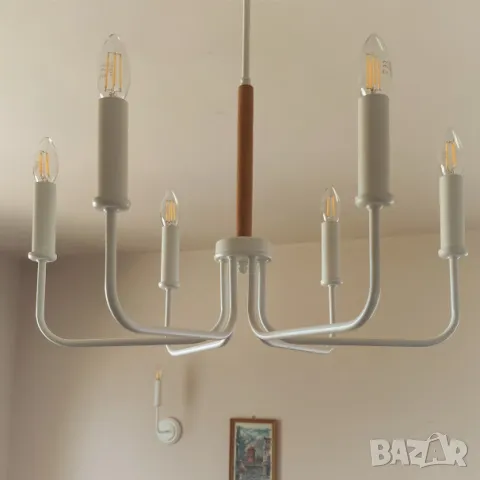 Модерен класически висящ полилей тип свещ /метал с дърво / 6 рамена, снимка 3 - Полилеи - 47424196