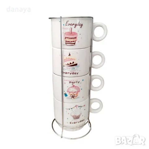 5547 Комплект керамични чаши на метална стойка Everyday Happy, снимка 3 - Чаши - 48792511