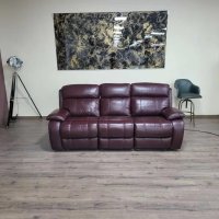 Кожен диван тройка цвят бордо с електрически релаксиращ механизъм, снимка 1 - Дивани и мека мебел - 42486554