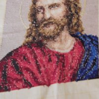 Гоблен с лика на Исус . Ръчна изработка ДМС конци, снимка 3 - Гоблени - 40081964