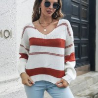 Дамски раиран пуловер с падащи ръкави с V-образно деколте, 2цвята - 023, снимка 7 - Блузи с дълъг ръкав и пуловери - 39633202