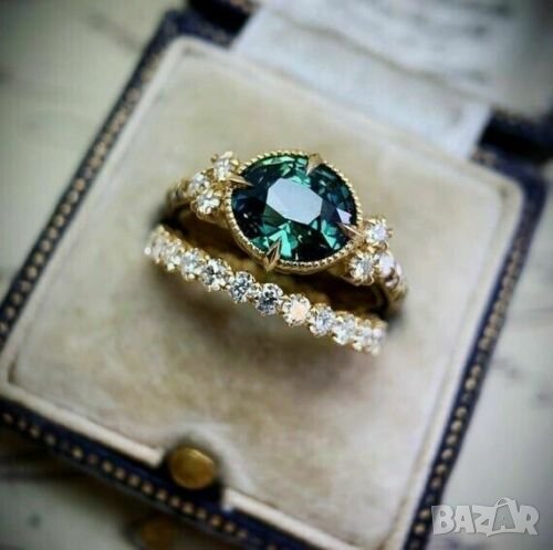 Двойка пръстени със зелен смарагд и топази, позлата, снимка 1