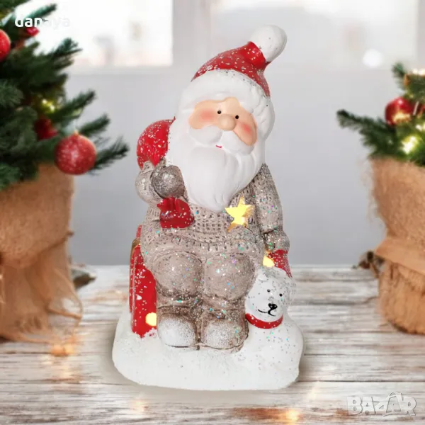 5346 Светеща керамична фигура Дядо Коледа с куче, 15 см, снимка 1