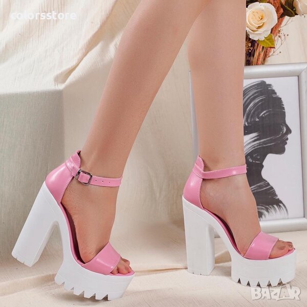 Сандали на ток - розова кожа с бяло ходило - 624, снимка 1