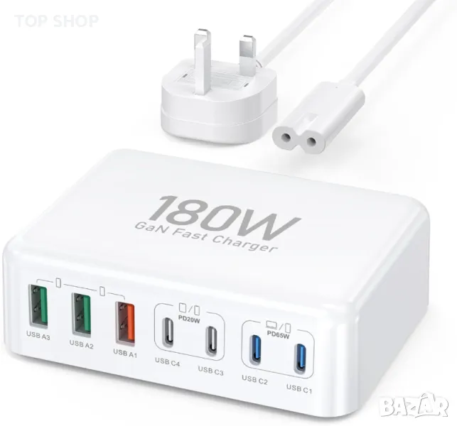 USB C 7-портов адаптер, бързо зарядно, 180 W за MacBook Pro/Air iPad Pro iPhone Galaxy S23 Note 20, снимка 1