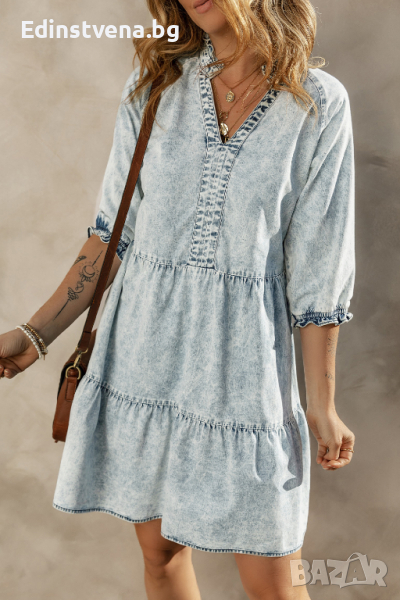 Дамска разкроена дънкова рокля в синьо, 100% памук, снимка 1