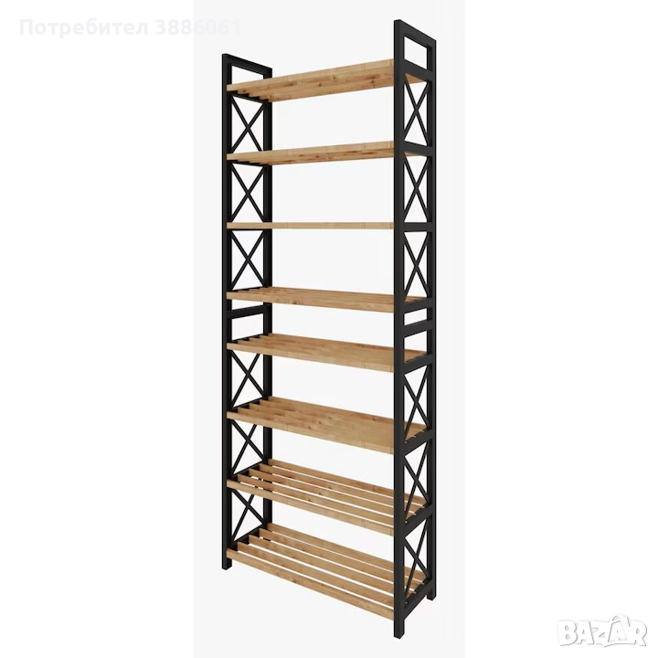Етaжерка с 8 просторни рафта, дърво и здрава пластмаса, 126 x 18 x 46 cm, снимка 1