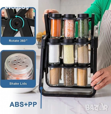 Стилен Въртящ се Органайзер за Подправки (18 части) – Луксозна Стойка със Стъклени Бурканчета за Мод, снимка 2 - Аксесоари за кухня - 53889896