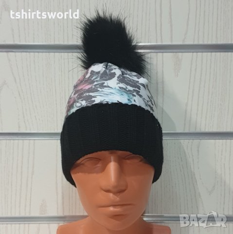 Нова зимна дамска шапка с Розички и пух/помпон, снимка 2 - Шапки - 35502884