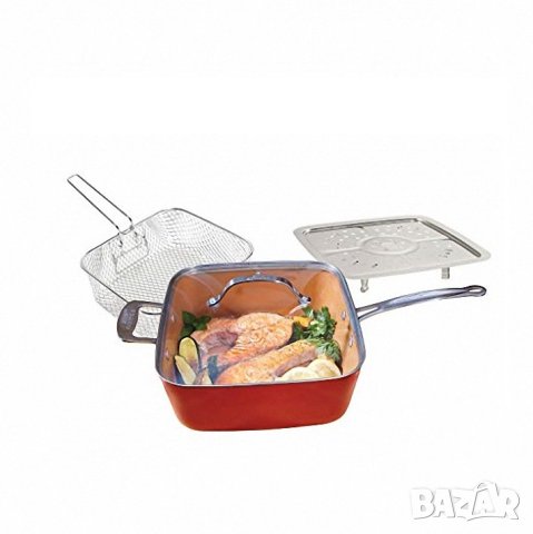 Migas Copper Pan квадратен тиган със стъклен капак-5 начина на готвене, снимка 7 - Съдове за готвене - 42754637