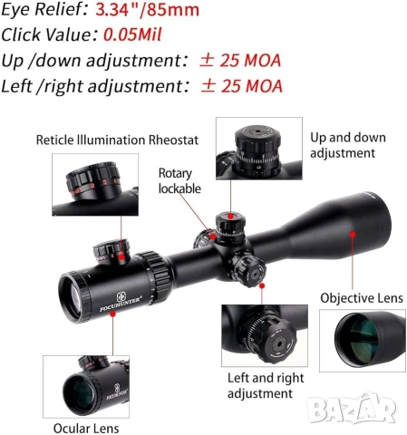 Оптика FOCUHUNTER 4-24x50 SF, оптически прицел с подсветка и монтажи, снимка 7 - Оборудване и аксесоари за оръжия - 53382406
