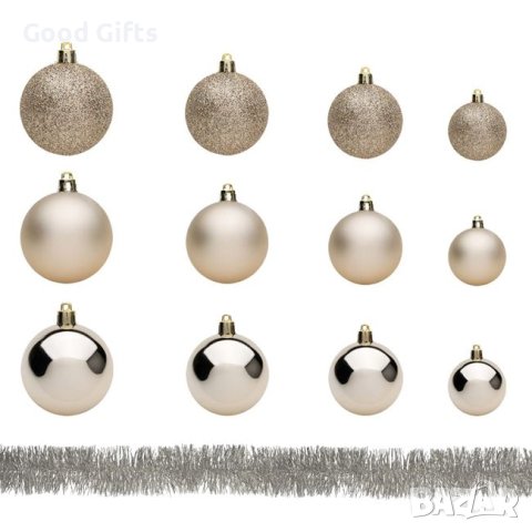 54 броя Комплект коледни топки + гирлянд, цвят Шампанско в 4 размера, снимка 2 - Други стоки за дома - 42672268