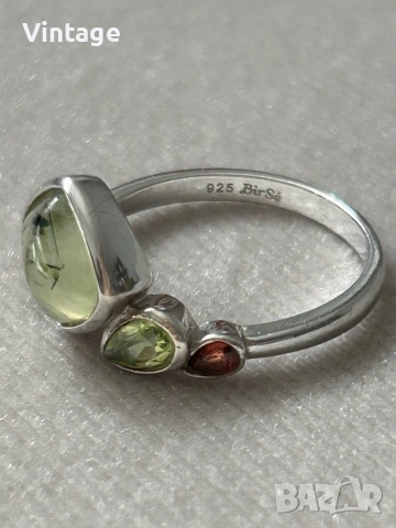 Марков сребърен пръстен с естествени камъни зелен рутилов кварц, перидот и гранат 