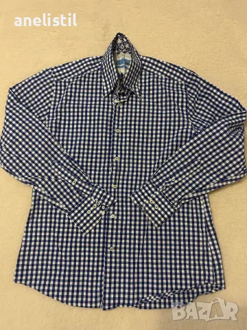 Мъжка риза HUGH – Slim Fit, размер L, синьо-бяло каре