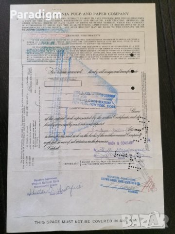 Сертификат за 100 акции (САЩ) | West Virginia Pulp and Paper Company | 1967г., снимка 4 - Други ценни предмети - 29320352