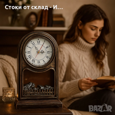 Винтидж настолен часовник с LED камина – уют и стил в едно, снимка 3 - Стенни часовници - 51778389