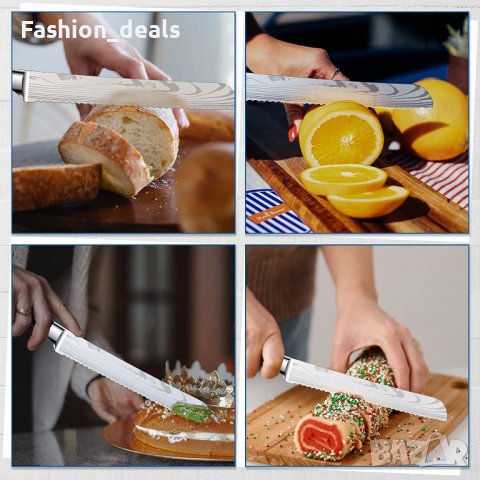 Нов остър нож за хляб сладкиши от неръждаема стомана дървена дръжка, снимка 5 - Прибори за хранене, готвене и сервиране - 36603448