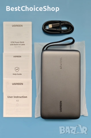 UGREEN Nexode 20000mAh Пауър Банк 67W Бързо Зареждане с вграден USB-C кабел, снимка 4 - Външни батерии - 54102605