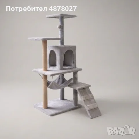 Многоетажна драскалка за котка с къщичка, хамак и платформи, 125 см, светлосива, снимка 4 - За котки - 55936903