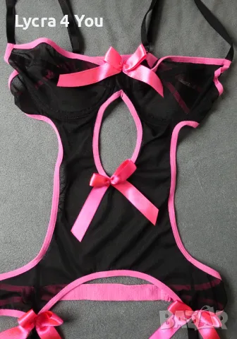 XS/S еротично черно тюлено боди с розови елементи и панделки, снимка 8 - Бельо - 50105409