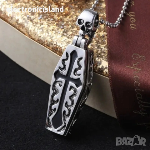 Винтидж отварящо се колие от неръждаема стомана във формата на ковчег и вътре скелет, пънк, вампир, снимка 5 - Колиета, медальони, синджири - 53940121