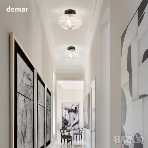 Полуизравнена таванна лампа APOTO, черна, глобус стъклен абажур, крушка не е включена, снимка 6 - Лампи за таван - 48851695