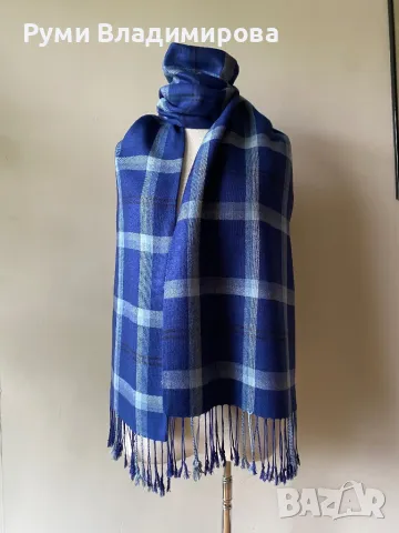 Тъмносин, кариран шал , снимка 5 - Шалове - 48330443