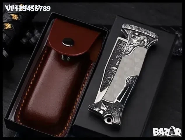 Руски ловен сгъваем нож с кожен калъф гравиран елен и ловец 100х230 мм,, снимка 5 - Ножове - 52132918