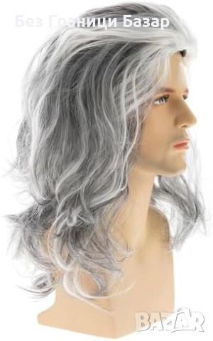 Нова Мъжка перука дълга сива бяла вълнообразна cosplay Хелоуин парти, снимка 4 - Аксесоари за коса - 52939445