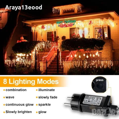 LED завеса „Висулки“ 10 м с 400 топло бели LED светлини, 8 режима и таймер, IP44, снимка 4 - Външни лампи - 55897679