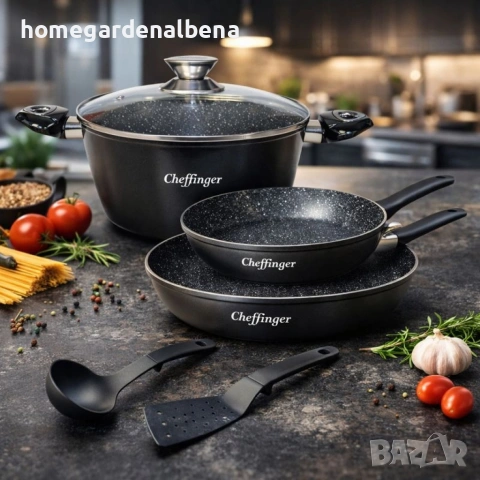 Комплект съдове за готвене Cheffinger 6 части тенджера тигани 24 28 см мраморно покритие индукция