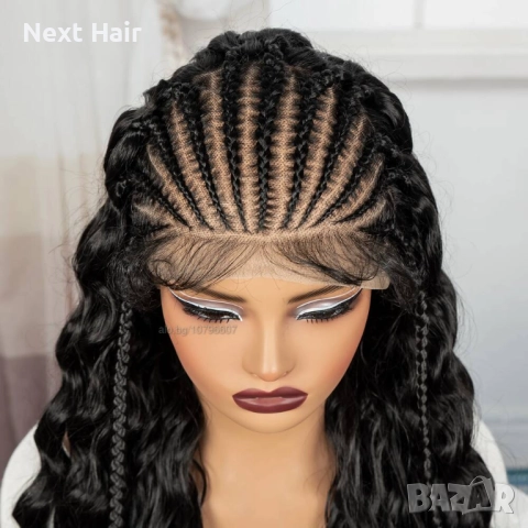 Екзотична черна синтетична перука с пълзящи плитки и къдрава дължина 70 см - Lace Front 13x6