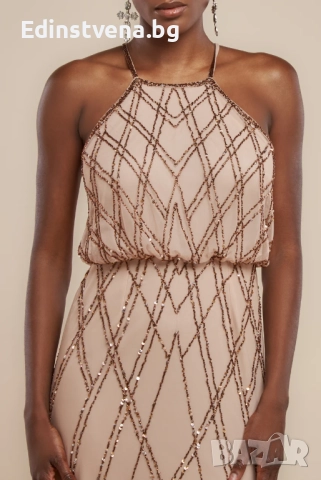 Дамска бежова дълга рокля с пайети, снимка 3 - Рокли - 52391765