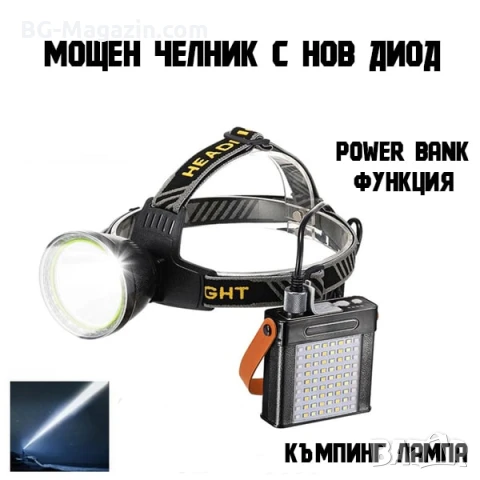 Професионален мощен челник за глава и къмпинг лампа с Power Bank за риболов къмпинг туризъм палатка, снимка 2 - Къмпинг осветление - 50938308